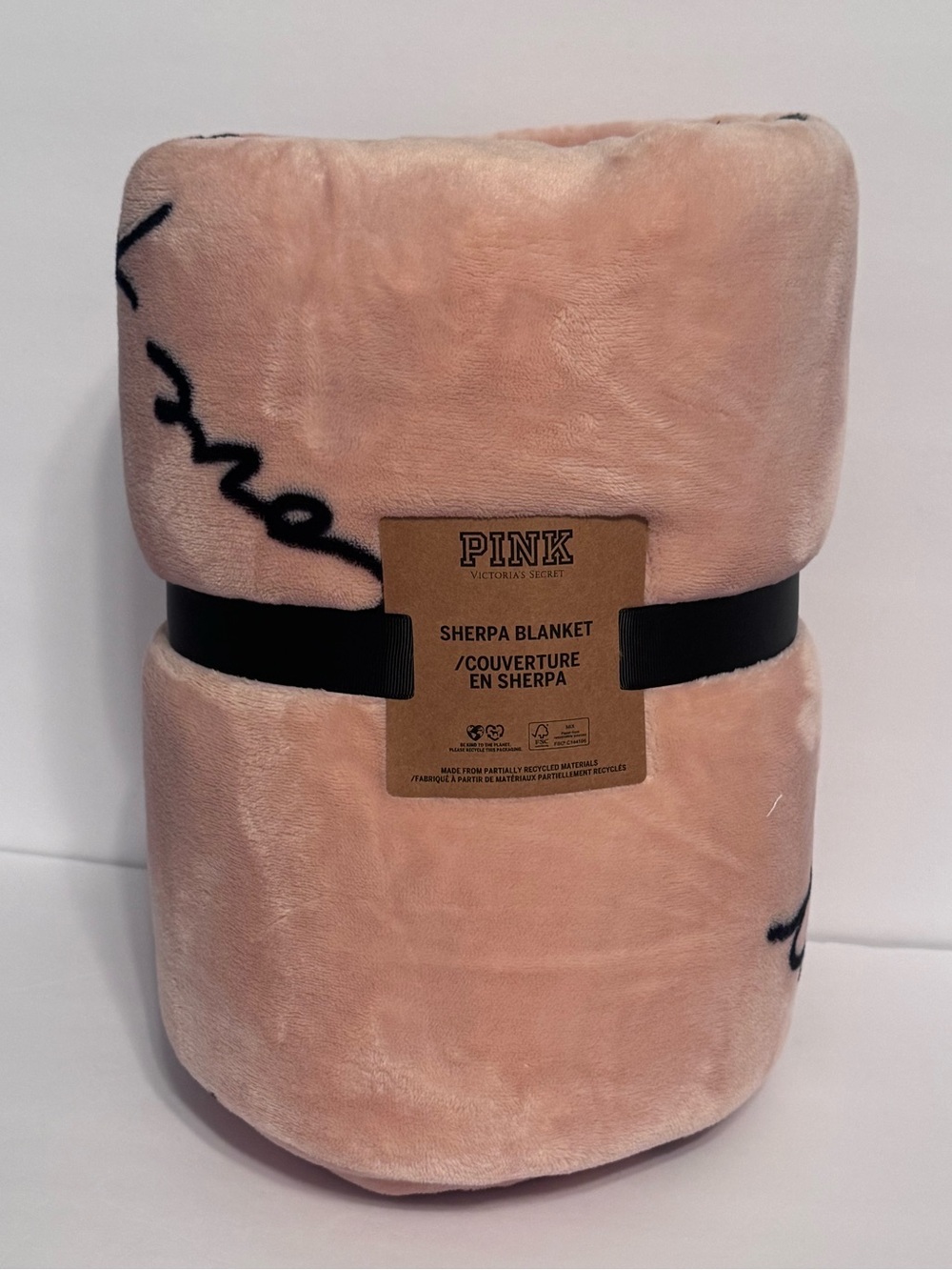 PINK Victoria's Secret Plush Sherpa Throw in Soft Pink with Black Script
